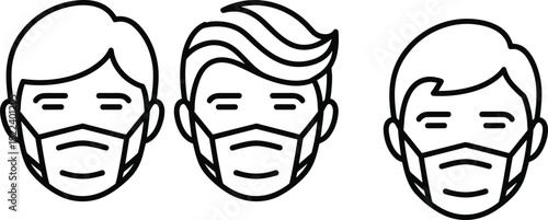 Man wearing face mask icon set, black and white medical protection vector illustration isolated on light background