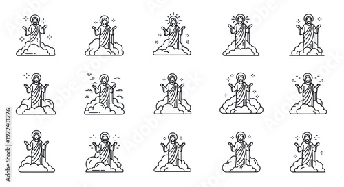 Jesus Christ Icons Set, Ascension, Religious Symbol, Divine Light, Vector Illustration