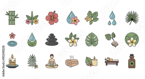 Spa and Wellness Icons Set: Tropical Flowers, Bamboo, Stones, Candle, Yoga