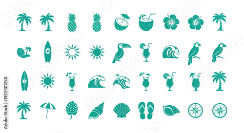 Tropical Summer Icons Set: Palm Trees, Pineapple, Coconut, Surfboard, Sun, Toucan, Parrot, Waves