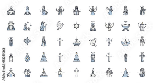 Christmas Nativity Icon Set: Jesus, Mary, Joseph, Angels, Star, Dove, Church, Tree