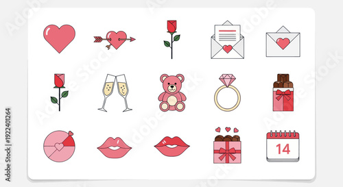 Valentine's Day Icons Set: Love, Romance, Gifts, and Celebration Elements