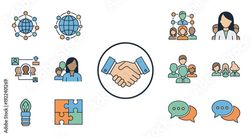 Business Collaboration and Teamwork Icons: Handshake, People, Network, Puzzle, Idea Bulb