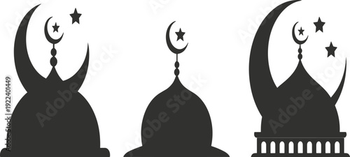 Set of Islamic Mosque Dome Silhouettes with Crescent Moon and Stars Vector Illustration for Ramadan Kareem Eid Mubarak and Religious Celebrations