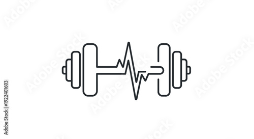 Minimalist line art icon depicting a dumbbell integrated with a dynamic heart rate monitor pulse for fitness and cardiology concepts