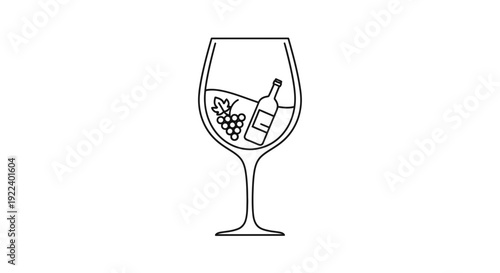 Minimalist outline vector illustration of a sophisticated wine glass containing a small floating bottle, a fresh bunch of grapes, and a delicate leaf, symbolizing wine production and enjoyment.