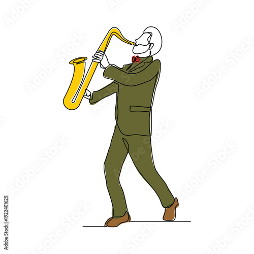 Continuous line sketch drawing of man musician classic jazz playing trumpet saxophone music instrument. One single line classic royal jazz orchestra editable stroke vector illustration