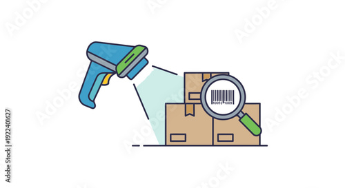 Illustrative concept depicting modern inventory management utilizing a handheld scanner to accurately read the barcode on stacked shipping cardboard boxes for logistics.