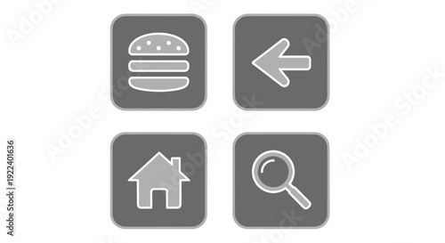 A collection of essential user interface icons featuring a hamburger menu, back arrow, home button, and search magnifying glass, perfect for modern web and mobile applications.