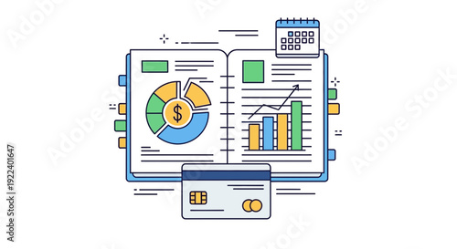 Financial planning ledger featuring pie charts bar graphs a calendar and a chip credit card symbolizing budgeting and investment tracking