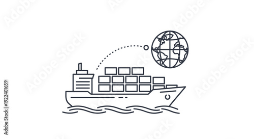 An illustrative outline icon of a large cargo ship laden with numerous shipping containers, symbolizing efficient international logistics and global freight transportation for worldwide import and exp