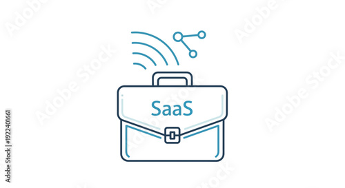 A sleek digital briefcase icon vividly represents software as a service, radiating wireless signals and networked data connections, symbolizing modern cloud computing solutions for businesses seeking 