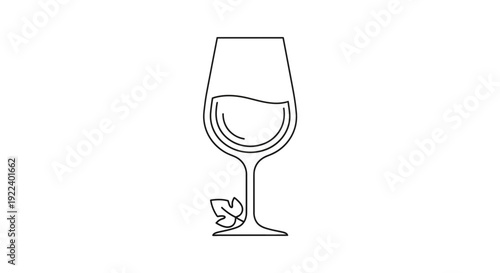 Minimalist outline drawing of a single glass of wine featuring a small grape leaf near the base representing vineyard origins and celebratory drinks.