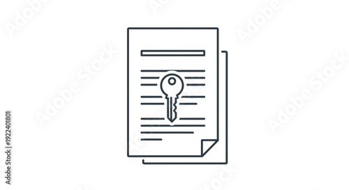 This minimalist line icon features a prominent key resting atop a stack of two important documents, symbolizing secure access, crucial agreements, or confidential information unlock, perfect for digit
