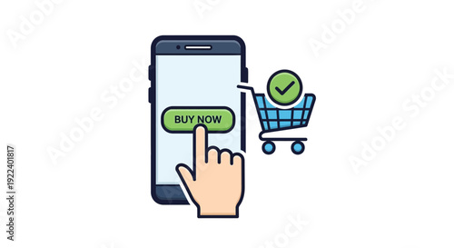 A finger pressing the "buy now" button on a smartphone screen, illustrating online shopping, e-commerce transactions, and successful digital purchases with a checkout cart showing a checkmark.
