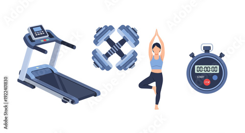 Essential equipment and balanced activity icons including a treadmill, dumbbells, yoga pose, and stopwatch represent a comprehensive home fitness routine.