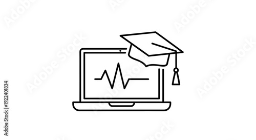 Outline icon representing digital healthcare education featuring a laptop displaying a heart rhythm next to a graduation cap illustration signifying medical learning.