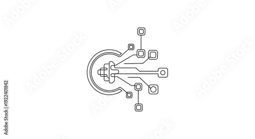 Stylized outline icon representing digital connectivity featuring a central circuit element connected to abstract nodes and lines on a dark background