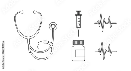 A collection of essential medical equipment icons including a stethoscope a syringe drawing above a vial and two electrocardiogram readings representing cardiac health.