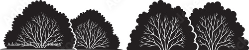 Stylized black silhouette of leafy bushes with intricate branch patterns, isolated on a white background, nature design elements