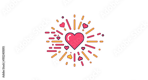 A vibrant, glowing pink heart icon bursts with love, radiating colorful lines and smaller hearts in an energetic, celebratory digital illustration perfect for Valentine's day or expressions of deep af