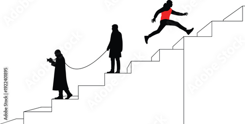 Motivation and success concept silhouette illustration, businessman jumping stairs overcoming obstacles, career growth and personal development vector design