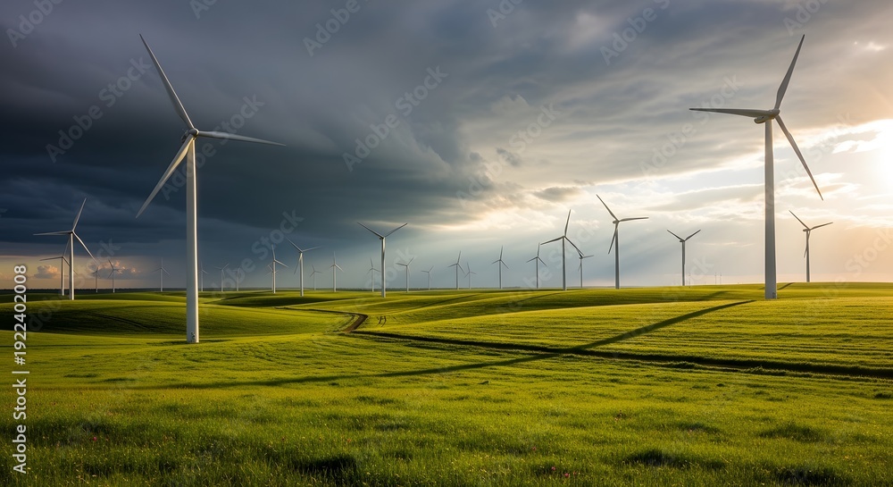 Fototapeta premium A field of wind turbines stretches towards a dramatic cloudy sky at sunset