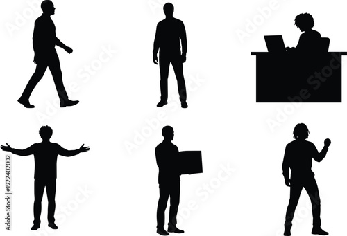 Silhouette people walking, standing, working, presenting, holding, lifting, lifestyle diversity, teamwork, modern office activity, professional routine, daily posture illustration design