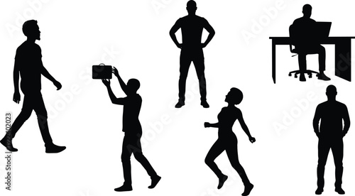 Silhouette people walking, standing, working, dancing, holding, lifestyle diversity, teamwork, communication, modern office activity, professional routine, daily posture illustration design