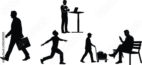 Silhouette people walking, standing, running, working, pushing, sitting, lifestyle diversity, teamwork, communication, modern office activity, professional routine, daily posture illustration design