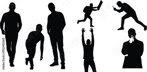 Silhouette people walking, standing, running, crouching, reaching, thinking, lifestyle diversity, teamwork, communication, modern office activity, professional routine