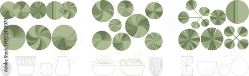 Abstract green circle patterns and plant pot outlines, minimalist botanical vector set isolated on white background for modern decor, branding, and graphic design.