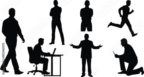 Silhouette people walking, standing, running, working, speaking, kneeling, lifestyle diversity, teamwork, communication, modern office activity, professional routine, daily posture illustration design