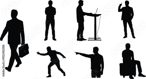 Silhouette business people walking, standing, working, presenting, crouching, pointing, sitting, lifestyle diversity, teamwork, communication, modern office activity, professional routine illustration