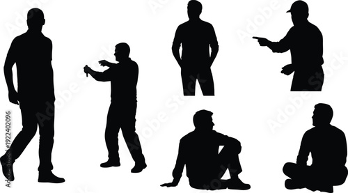 Silhouette people standing, pointing, gesturing, sitting, lifestyle diversity, teamwork, communication, modern office activity, professional routine, daily posture, illustration design concept