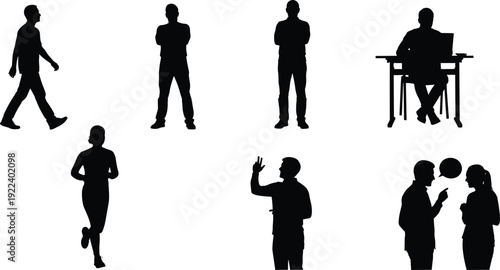 Silhouette people walking, standing, working, running, presenting, talking, lifestyle diversity, teamwork, communication, modern office activity, professional routine