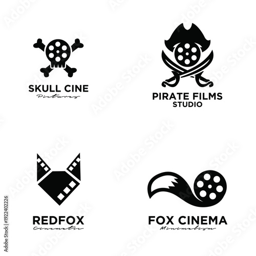 Creative Film Production Logos Collection: Cinema Reel Elements, Skull, Pirate, and Fox Designs for Movie Studios