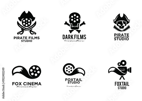 Creative Film Studio Logo Collection with Pirate, Skull, Fox, Film Reel, and Camera Icons