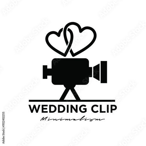Wedding Video Production Logo with Vintage Camera, Intertwined Hearts, and Elegant Typography Design