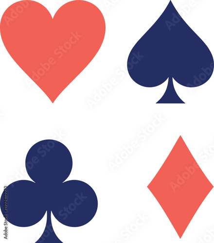 Playing card suits icons set, heart spade club diamond symbols, colorful casino game vector illustration isolated background