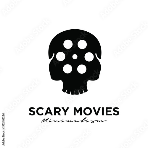 Minimalist Black Skull Logo with Film Reel Perforation for Scary Movies and Horror Cinema Icon