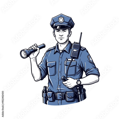 Police Officer Holding Flashlight and Radio
