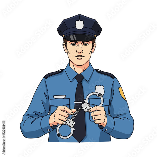 Police officer holding handcuffs, law enforcement concept