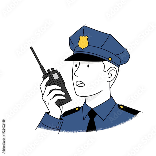 Police officer holding walkie-talkie, looking surprised