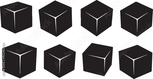 Black cubes in various orientations on white background