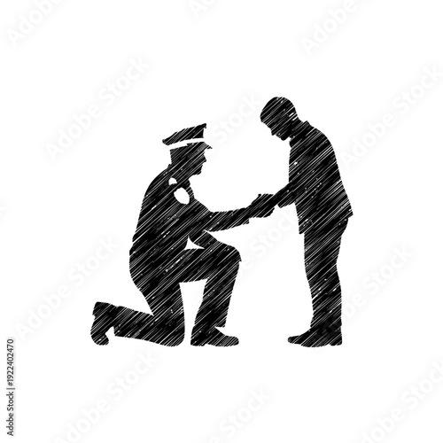 Police officer kneeling and shaking hands with civilian, respect, gratitude concept