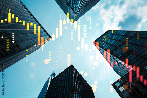 Photos Skyscrapers with falling financial chart overlay depicting market decline in urban skyline under bright daylight perspective