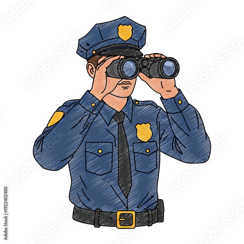 Police officer looking through binoculars, searching, observing, law enforcement