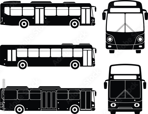 Black bus silhouette vector set showing side and front views, modern city public transport icons, isolated on white background, transit vehicle illustration pack.