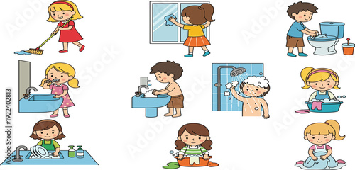 Cartoon children doing cleaning and hygiene activities, household chores and personal care illustration for education, responsibility, daily routine, and creative resources